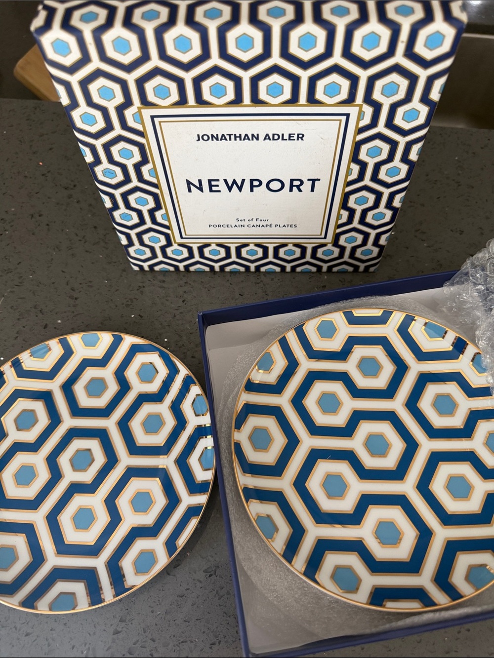Jonathan Adler Newport Hexagon Porcelain Plates - Blue, Light Blue & Gold Trim